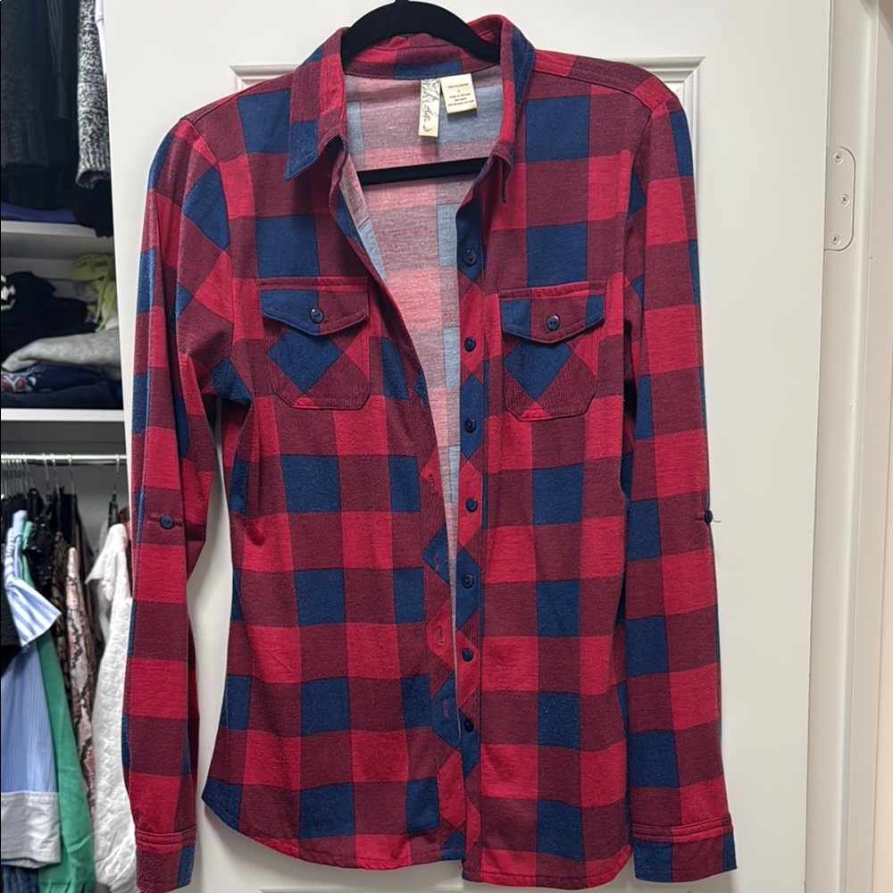 Bella D. Vibrant Red and Navy Plaid Shirt
